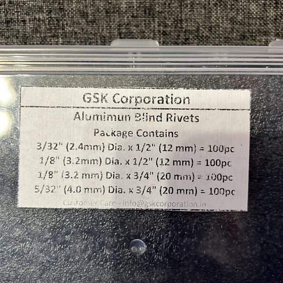 NEW Aluminum Blind Rivets 400 pieces of 4 sizes GSK Corp Hard Plastic Case - Picture 10 of 14